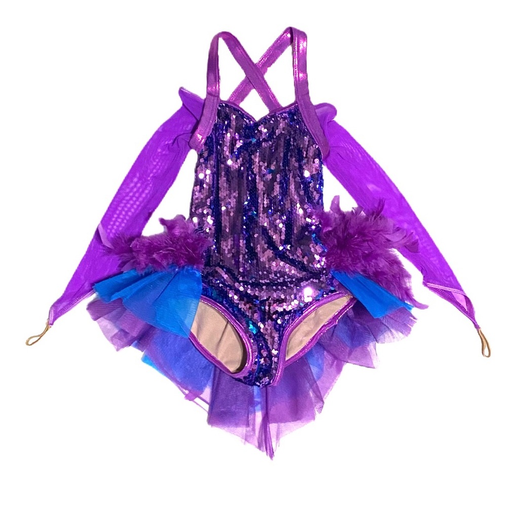Weissman Purple Feather Sequin Dance Leotard Costume Tutu Girl’s SZ Small 6/6X